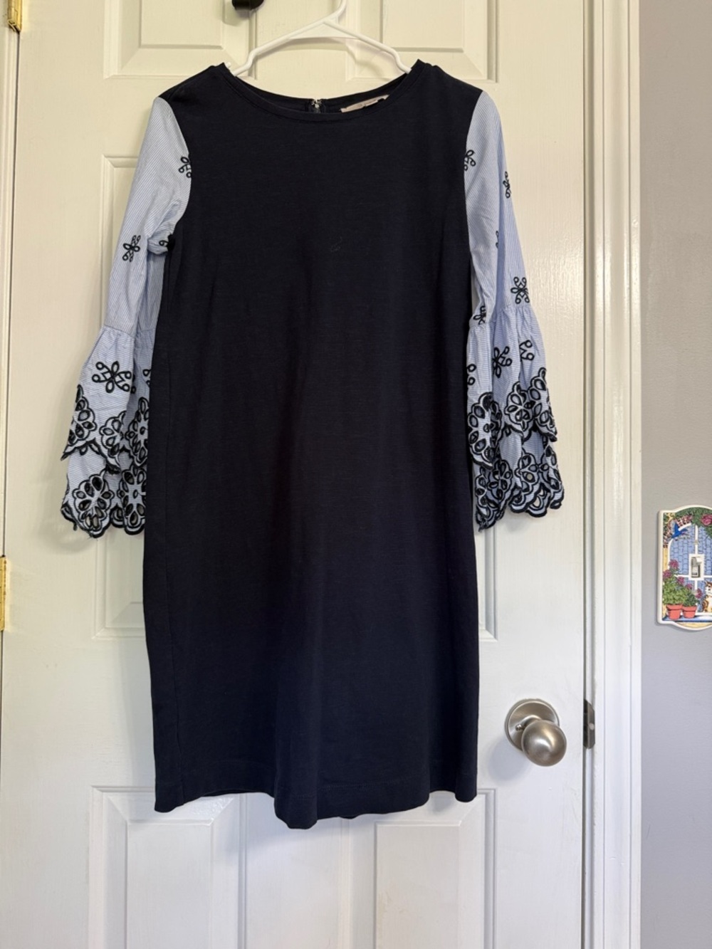 LOFT Black Shift Dress with Light Blue Embroidered Bell Sleeves